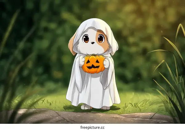Cute Dog Ghost with Pumpkin on Halloween