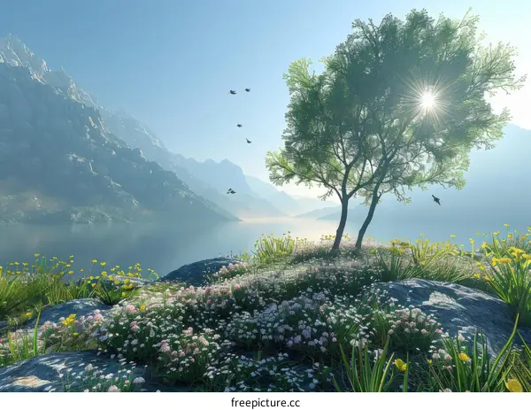 The Sun Shines Through Trees at the Lake