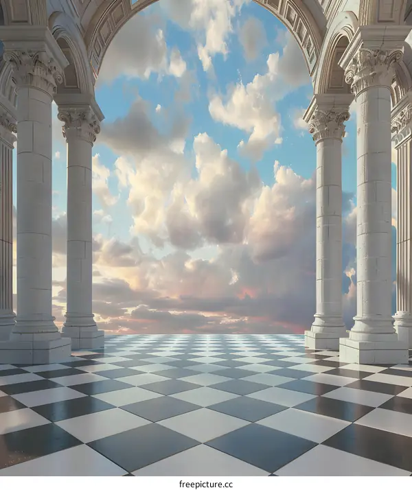White Columns and Checkered Floor Leading to a Cloudy Sky