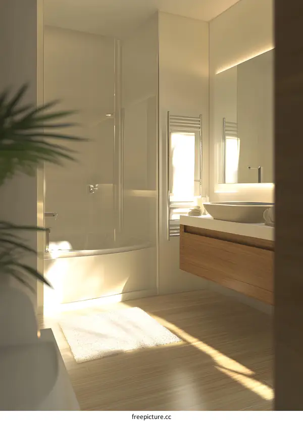 Modern Bathroom Design With White Tub And Wooden Vanity