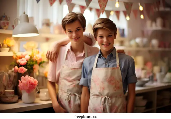 Two young male bakers in a kitchen