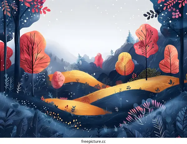 Colorful rolling hills and mountains landscape illustration