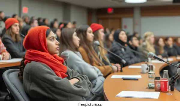 A group of young women are sitting in a room listening to a speaker.
