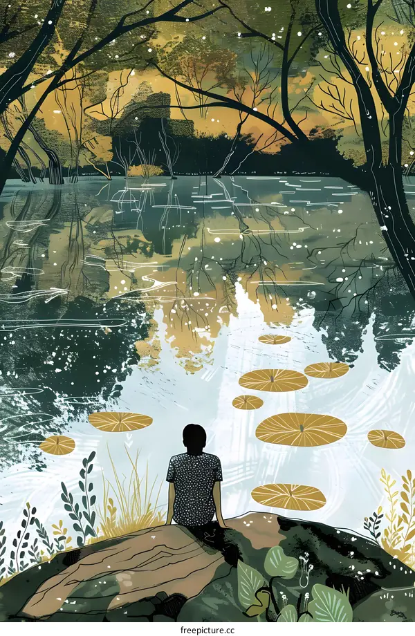 Person Sitting by Water with Reflection of Trees