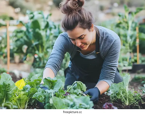 Woman Gardening in a Vegetable Garden