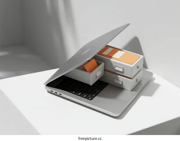 Laptop with open case showing office storage containers on white table