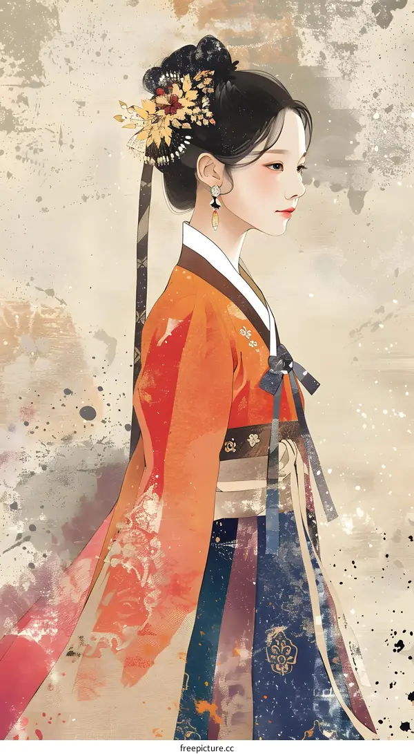 Illustration of a Korean woman in traditional Korean clothing