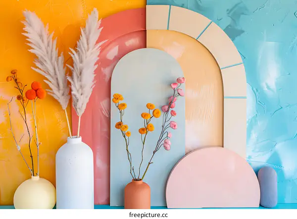 Pastel Background With Dried Flowers In Vases