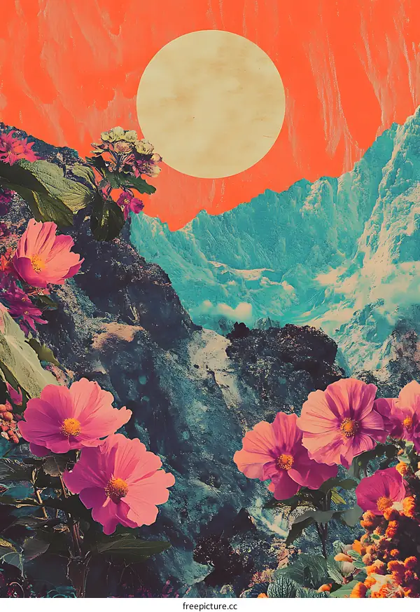Abstract Collage Art with Mountains, Flowers and Sun
