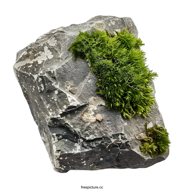 [Transparent Background PNG]Green Moss on a Gray Rock Isolated on White Background