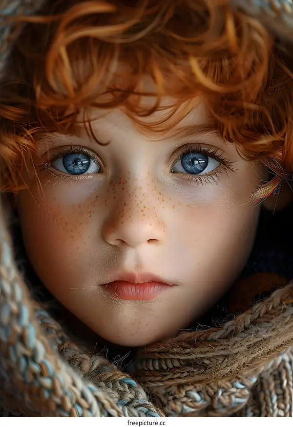 Portrait of a redheaded boy with freckles and blue eyes