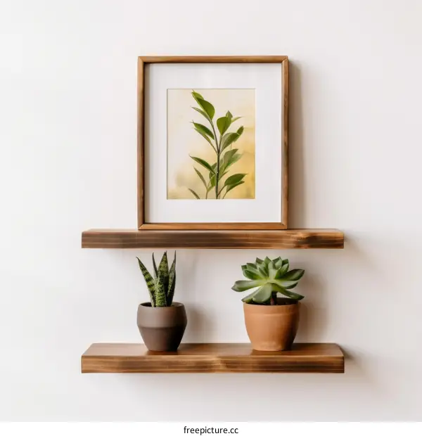 Stylish Wall-Mounted Shelves with Indoor Plants and Artwork