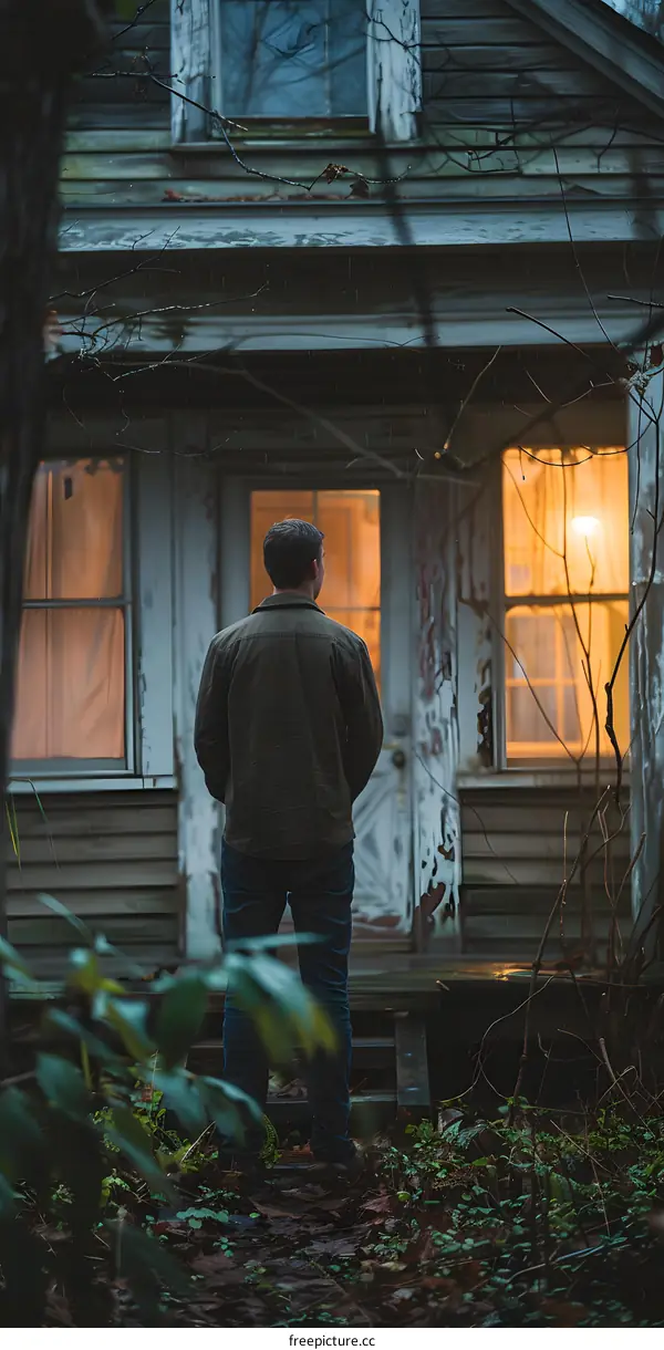 Man Standing In Front of an Old House With The Lights On