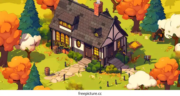 Cartoon Illustration of a Small House in the Woods