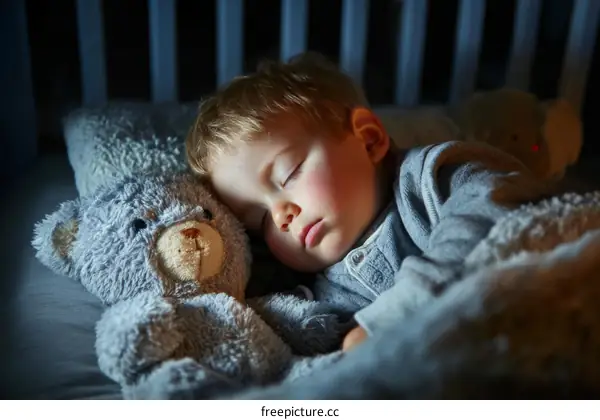 A Child Sleeping with a Teddy Bear in a Crib at Night