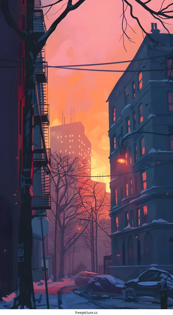 Winter Sunset Cityscape Illustration