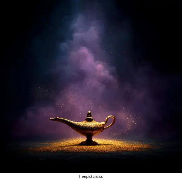 Golden Magic Genie Lamp on Glittering Sand