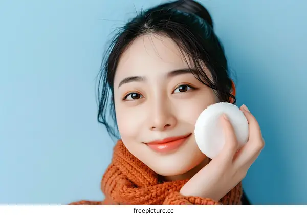 Smiling Asian Woman Applying Makeup With a Soft White Sponge