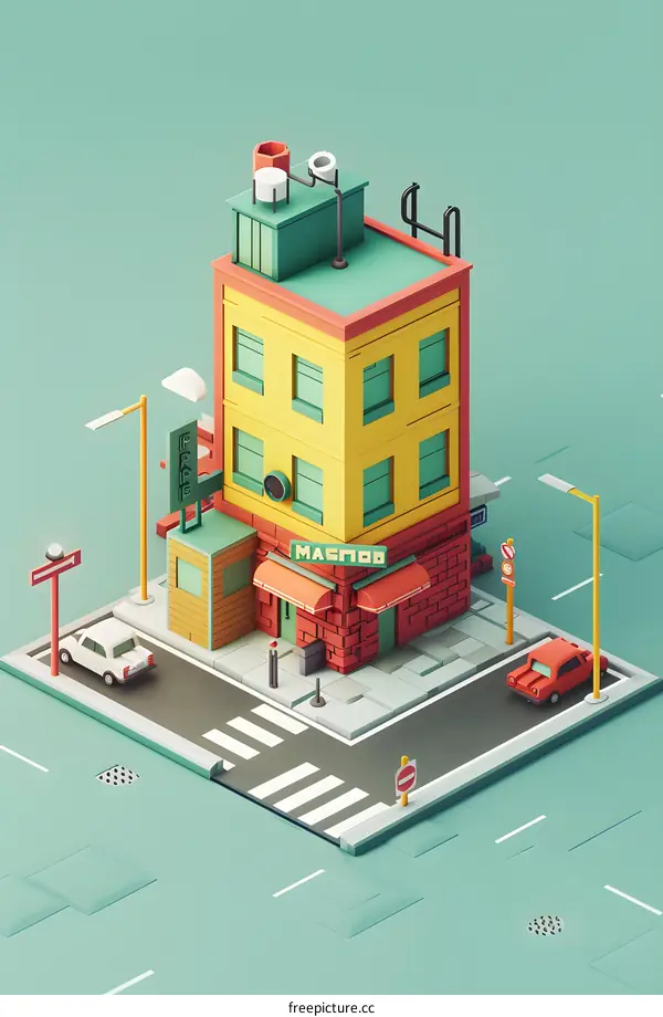 Low Poly Building Illustration of Street Scene with Cars and Crosswalk