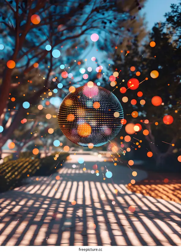 Disco Ball with Abstract Light Trails in a Garden Setting