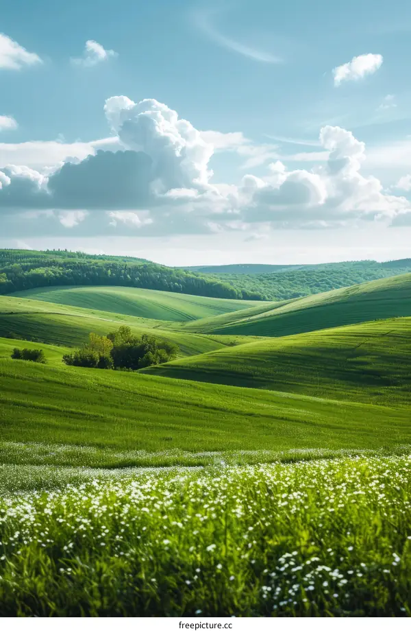Green rolling hills with white flowers in the foreground
