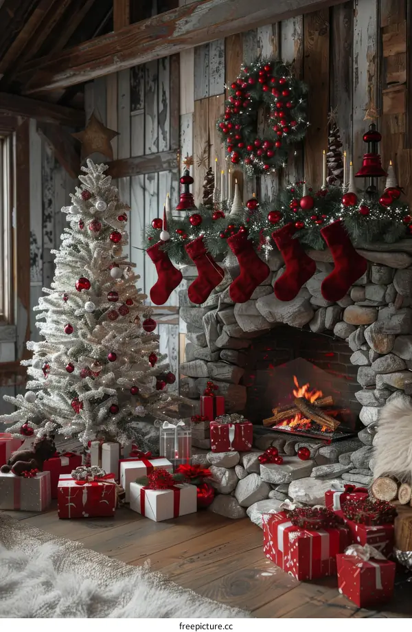 Christmas Tree by the Fireplace with Gifts