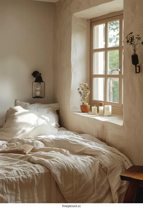 A Cozy Bedroom with Candles and Window