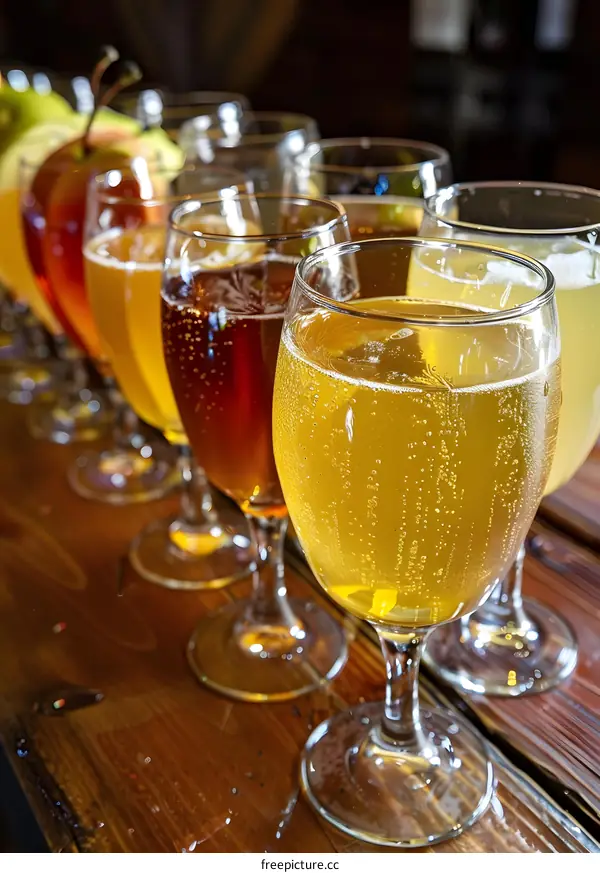 Line Of Apple Cider In Glasses