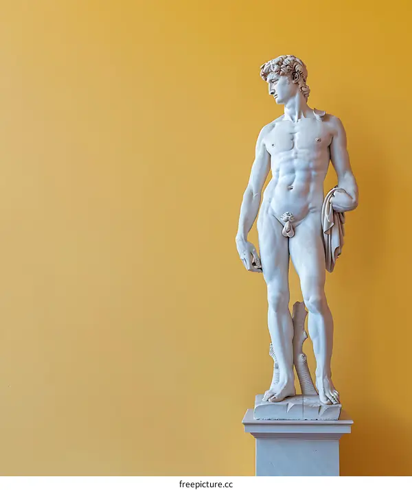 Marble Statue of a Man Standing on a Pedestal Against a Yellow Wall