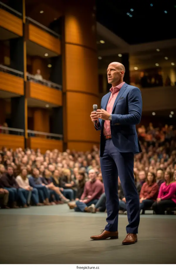Man in suit giving speech on stage with audience