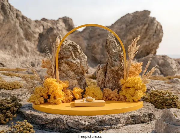 Yellow Circle Arch with Rocks and Dried Flowers on Desert Landscape