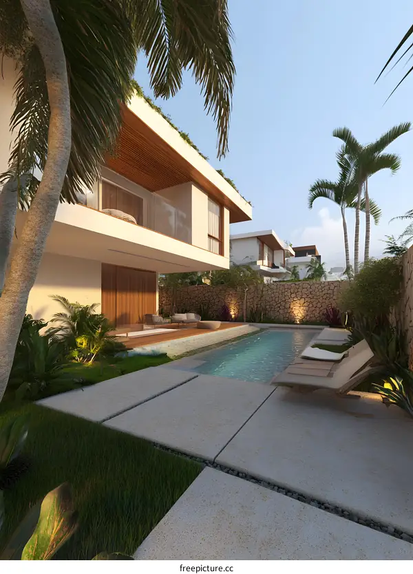 Modern Tropical House with Swimming Pool and Palm Trees