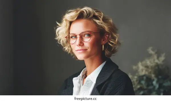 Portrait of a confident woman with curly blonde hair and glasses