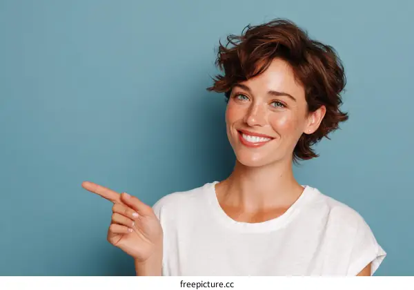 Smiling woman pointing with finger against blue background
