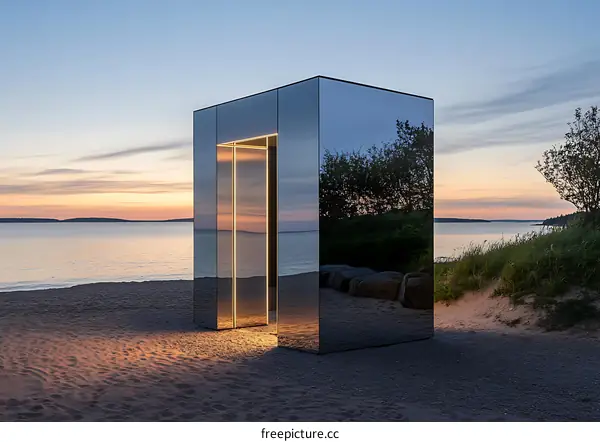 Modern Minimalist Glass Structure On Beach At Sunset