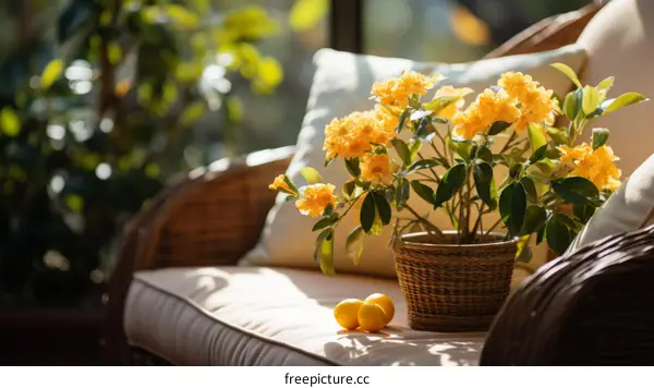 Beautiful Still Life with Wicker Chair, Potted Plant, and Lemons