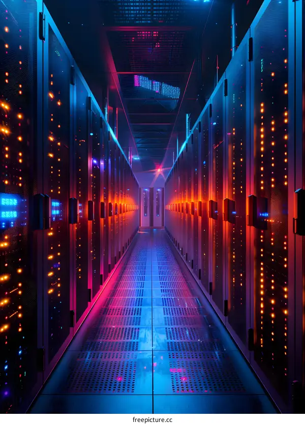 Server room with colorful lights