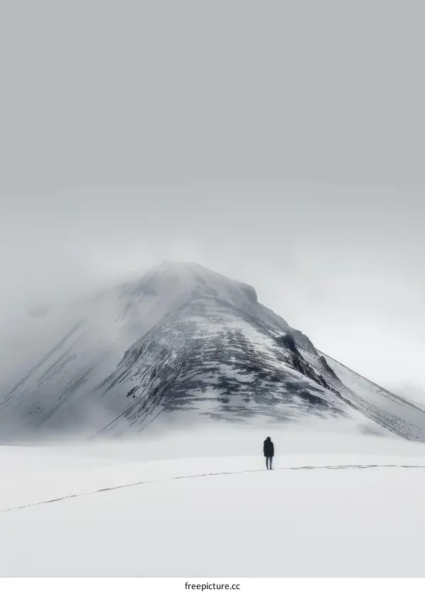 Man standing alone in front of a snowy mountain