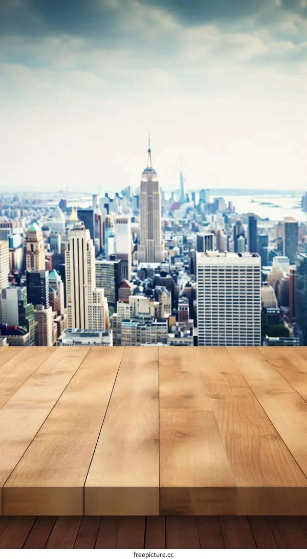 New York City skyline with a wooden table in the foreground