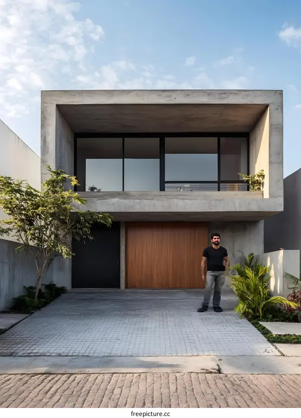 Modern Concrete House with a Man Standing in Front