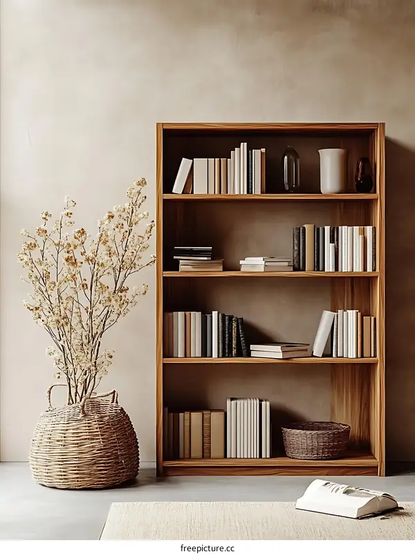 Wooden Bookshelf in a Beige Room Decor