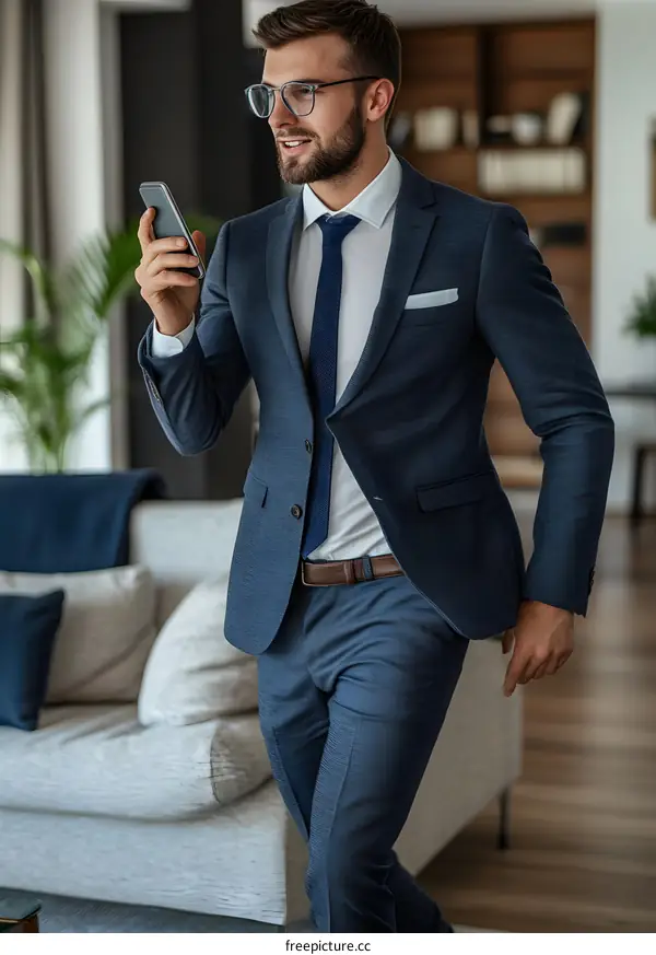 Businessman in Blue Suit Talking on Phone in Living Room