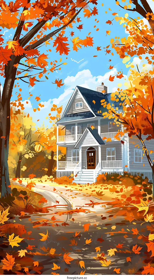 Autumn House with Red and Yellow Leaves