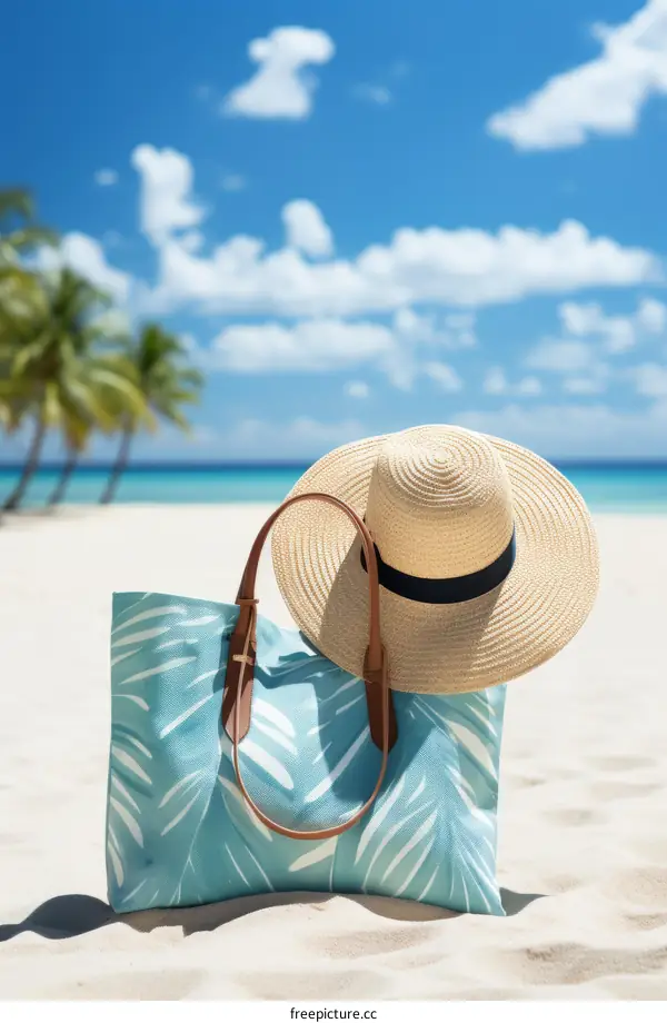 Beach tote bag and straw hat on the sand