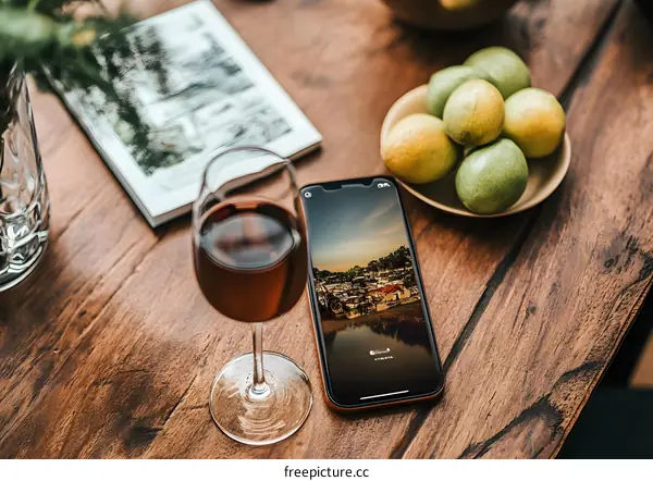 Phone with Cityscape Picture on Table with Wine Glass