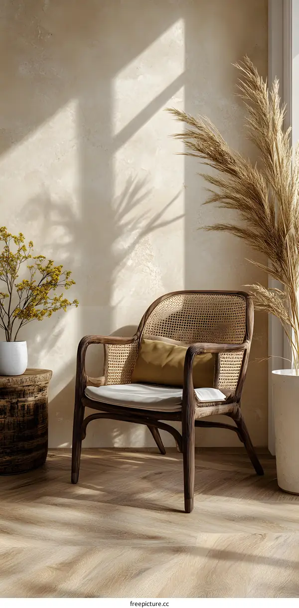 Minimalist Living Room Interior Design with Wicker Chair and Dried Grass