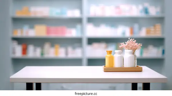 Pharmacy Shelf Display Table Product Presentation