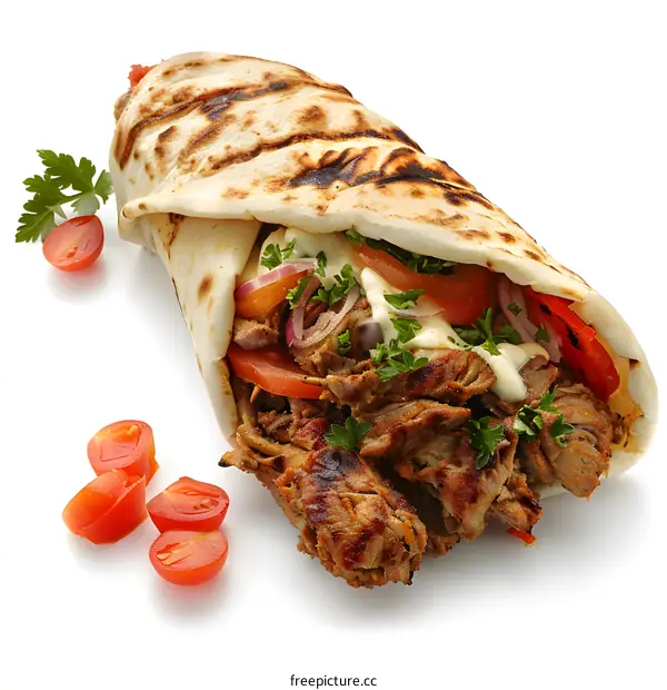 Delicious doner kebab wrap with meat, tomatoes and onions