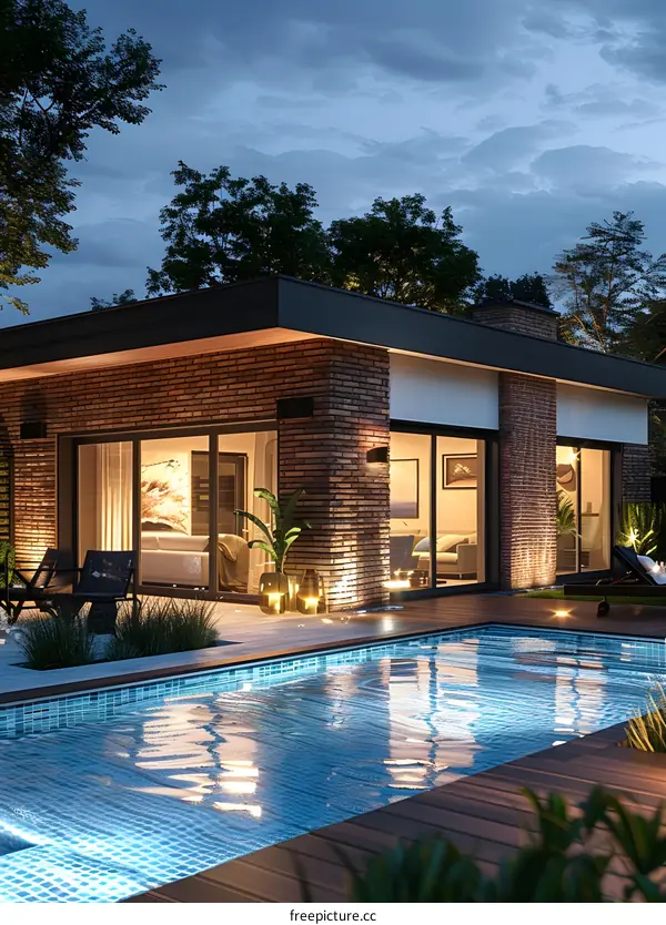 Modern House with Pool at Night