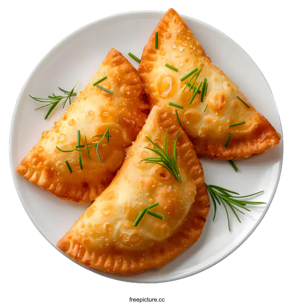 [Transparent Background PNG]Three Fried Empanadas on White Plate
